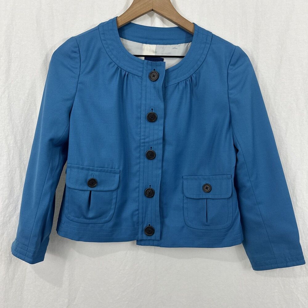 J. Crew Blue Super 120s Button Front Crop Wool Blazer Jacket Womens Sz 2 Career